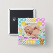 Floral & Plaid Photo Frame Newborn Baby 缶バッジ (正面&裏面)