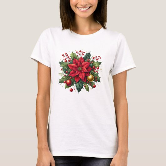 Floral Poinsettia Christmas – Festive Holiday Tシャツ (正面)