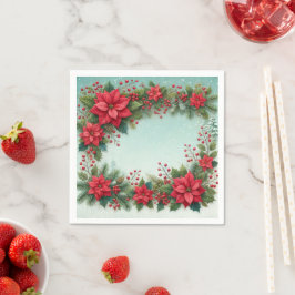 Floral Poinsettia Frosty Pine Border Découpage スタンダードカクテルナプキン
