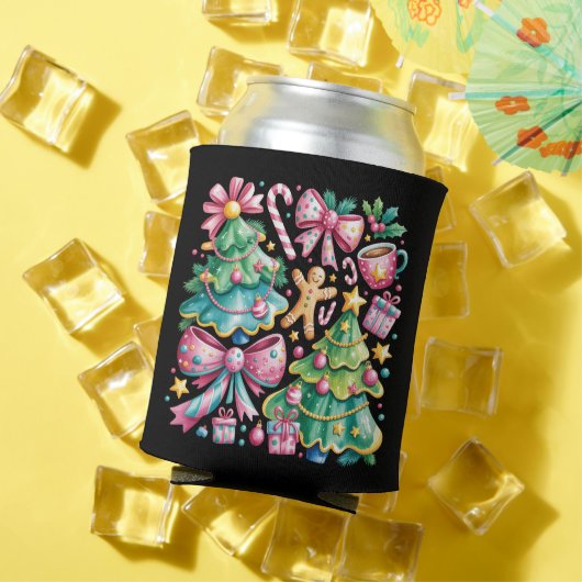 Floral Preppy Xmas Tree Bow Coquette Pink Blue 缶クーラー (インサイチュ 夏)