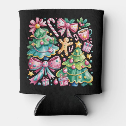 Floral Preppy Xmas Tree Bow Coquette Pink Blue 缶クーラー (正面)