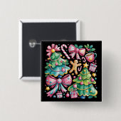 Floral Preppy Xmas Tree Bow Coquette Pink Blue 缶バッジ (正面&裏面)