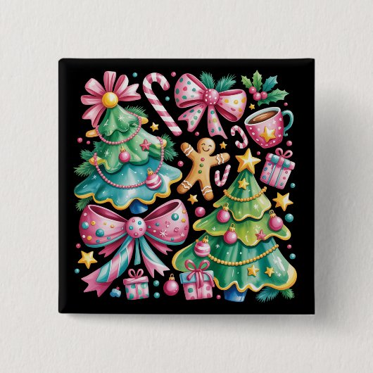 Floral Preppy Xmas Tree Bow Coquette Pink Blue 缶バッジ (正面)