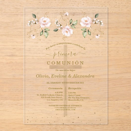 Floral Primera Comunión Triplets Holy Communion アクリル招待状 (正面)