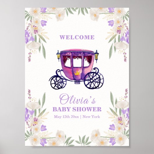 Floral Princess Carriage Girl Baby Shower Welcome ポスター (正面)