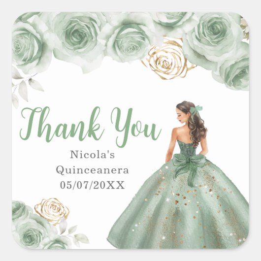 Floral Princess in a Sage Green Dress Quinceanera スクエアシール (正面)