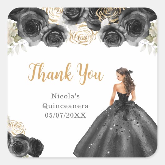 Floral Princess in Black Dress Quinceanera スクエアシール (正面)