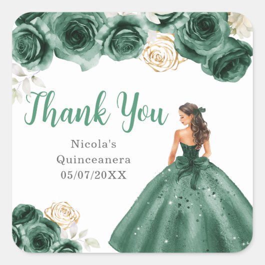 Floral Princess in Dark Green Dress Quinceanera スクエアシール (正面)