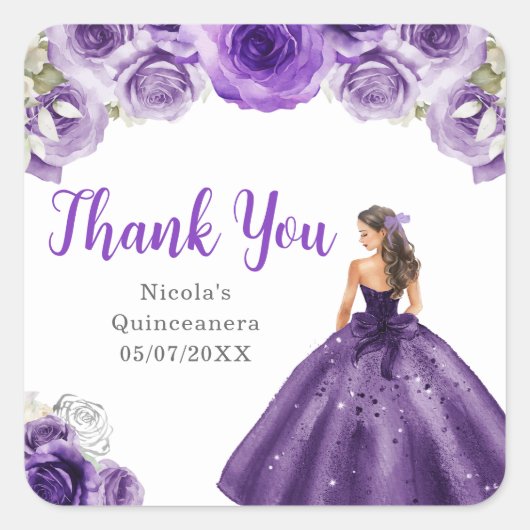 Floral Princess in Dark Purple Dress Quinceanera スクエアシール (正面)
