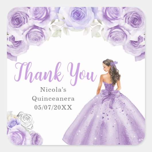 Floral Princess in Dusty Purple Dress Quinceanera スクエアシール (正面)