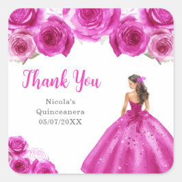 Floral Princess in Hot Pink Dress Quinceanera スクエアシール