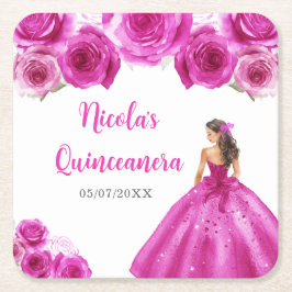 Floral Princess in Hot Pink Dress Quinceanera スクエアペーパーコースター