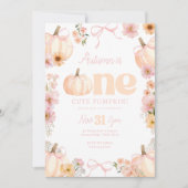 Floral pumpkin 1st Birthday Orange Pink Bow 招待状 (正面)