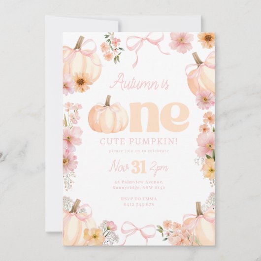 Floral pumpkin 1st Birthday Orange Pink Bow 招待状 (正面)