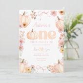 Floral pumpkin 1st Birthday Orange Pink Bow 招待状 (スタンド正面)