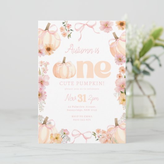 Floral pumpkin 1st Birthday Orange Pink Bow 招待状 (スタンド正面)
