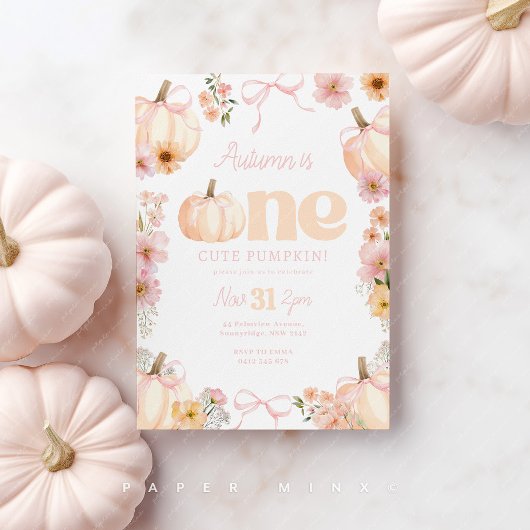 Floral pumpkin 1st Birthday Orange Pink Bow 招待状