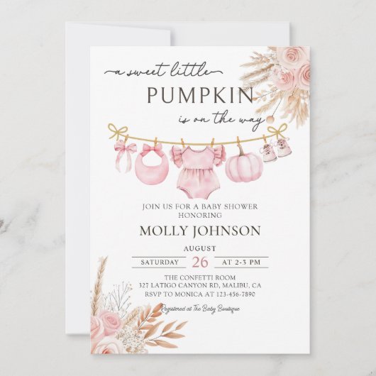 Floral Pumpkin Baby Clothesline Fall Baby Shower 招待状 (正面)