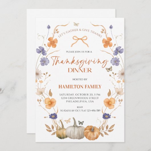 Floral Pumpkin Thanksgiving Dinner Invitation 招待状 (正面/裏面)