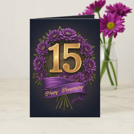 Floral Purple and Gold 15th Wedding Anniversary  カード