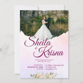 Floral Purple and Pink Elegance Wedding with Photo 招待状