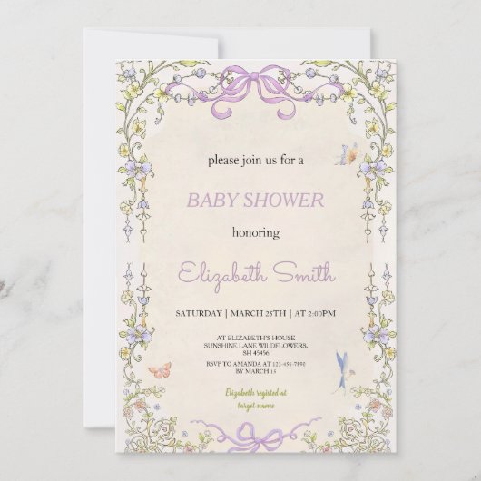 Floral purple babyshower party invitation 招待状 (正面)