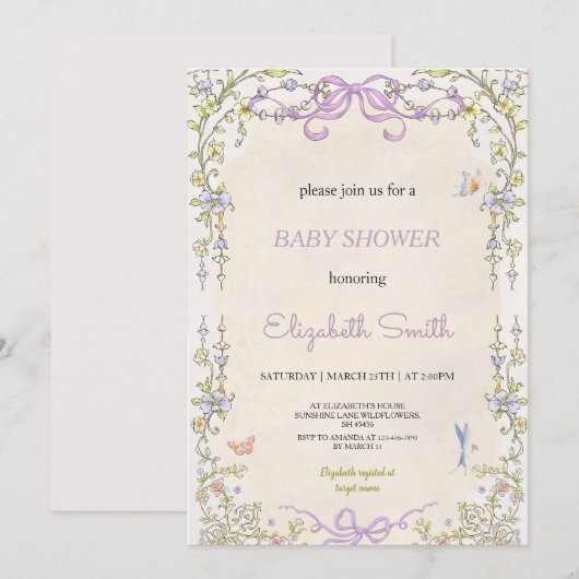 Floral purple babyshower party invitation 招待状 (正面/裏面)