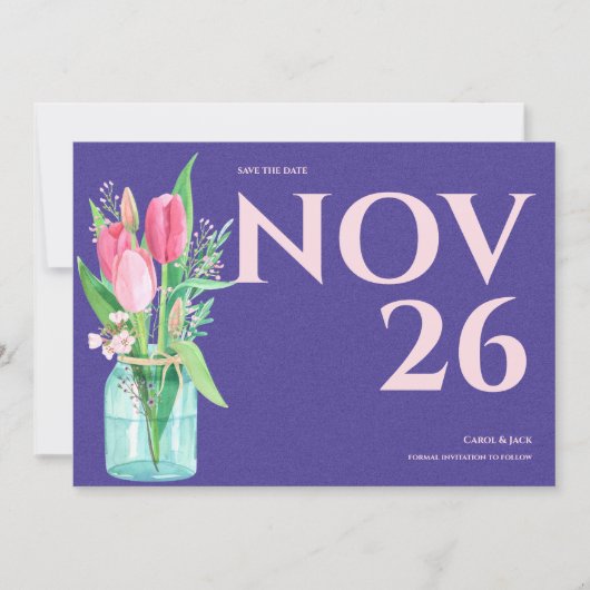 Floral Purple & Blush Wedding Save the Date 案内状 (正面)