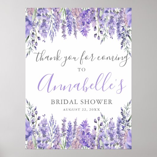 Floral Purple Bridal Shower Thank You Sign ポスター (正面)