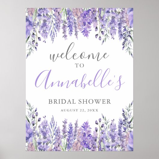 Floral Purple Bridal Shower Welcome Sign ポスター (正面)