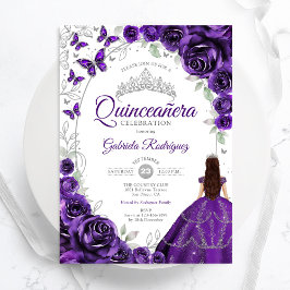 Floral Purple Silver Quinceanera 招待状