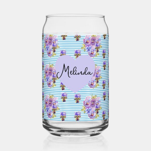 Floral Purple Viola Blue Lilac Pansy Womans Name ガラス缶 (正面)