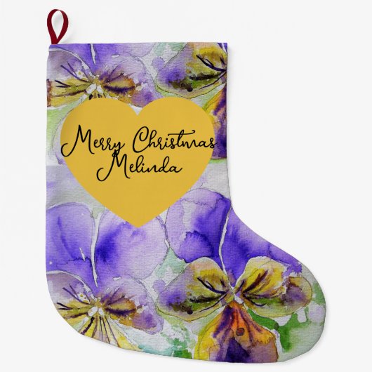 Floral Purple Viola Pansy Christmas Girls Name ラージクリスマスストッキング (正面)