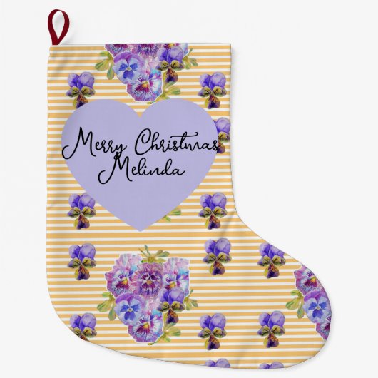 Floral Purple Viola Yellow Pansy Christmas Name ラージクリスマスストッキング (正面)