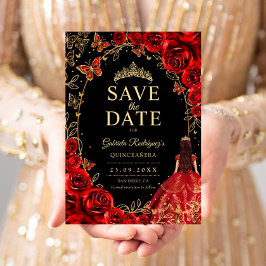 Floral Quinceanera Black Red Gold セーブザデート