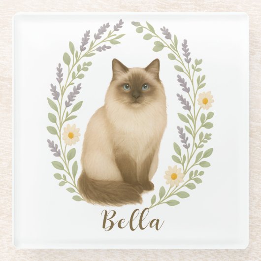 Floral Ragdoll Cat Frame Personalized Name ガラスコースター (正面)