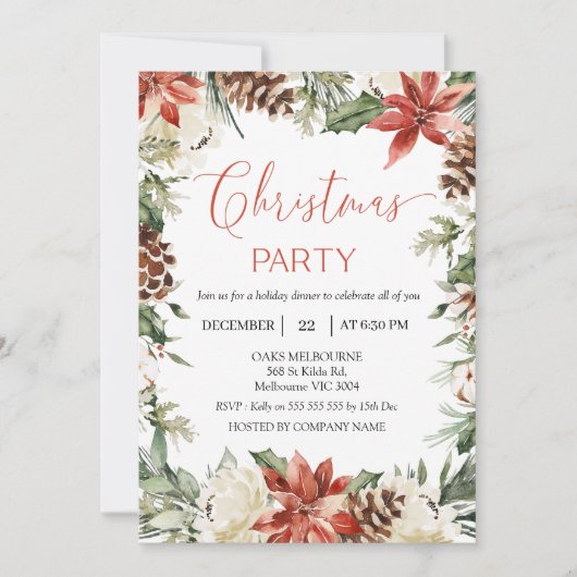 Floral Red Company Christmas Party Invitation 招待状 (正面)