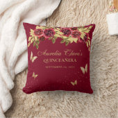 Floral Red Gold Tiara Butterfly Quinceanera クッション (ブランケット)