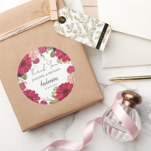 Floral Red Green Wedding Thank You ラウンドシール (ギフト)