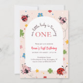 Floral Red Pink Cute Bug Ladybug 1st Birthday 招待状 (正面)