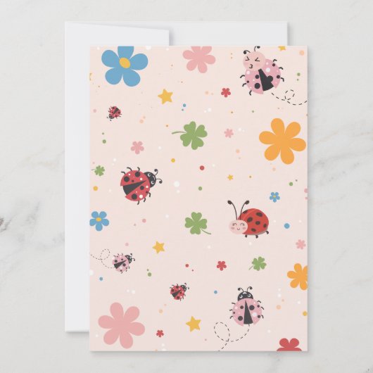 Floral Red Pink Cute Bug Ladybug 1st Birthday 招待状 (裏面)