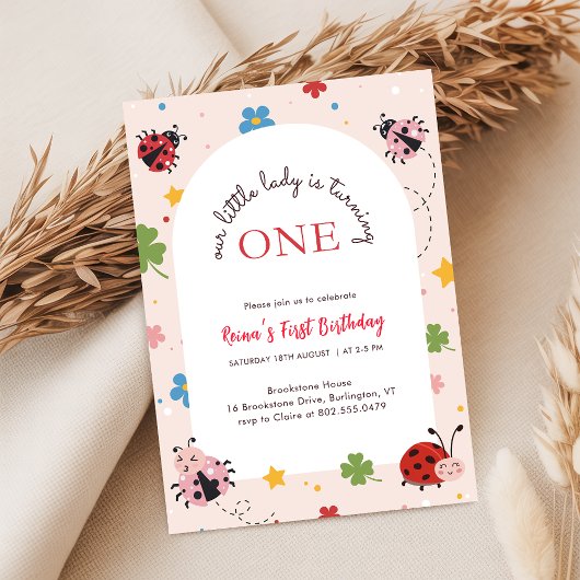 Floral Red Pink Cute Bug Ladybug 1st Birthday 招待状