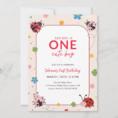 Floral Red Pink One Cute Bug Ladybug 1st Birthday 招待状 (正面)