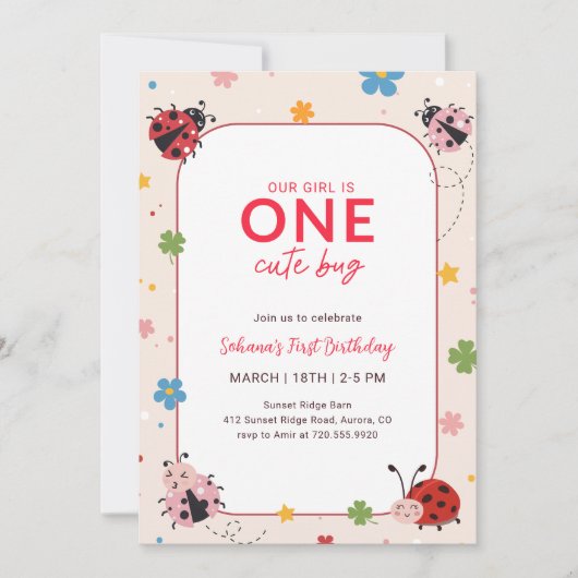 Floral Red Pink One Cute Bug Ladybug 1st Birthday 招待状 (正面)