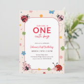 Floral Red Pink One Cute Bug Ladybug 1st Birthday 招待状 (スタンド正面)
