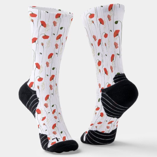 Floral Red Poppy Flower Botanical Pattern Socks ソックス (傾斜あり)