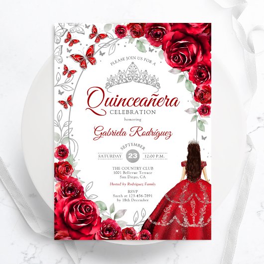 Floral Red Silver Quinceanera 招待状