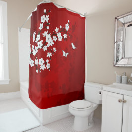 Floral Red White Cherry Blossom Oriental シャワーカーテン