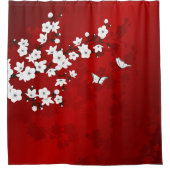 Floral Red White Cherry Blossom Oriental シャワーカーテン (正面)