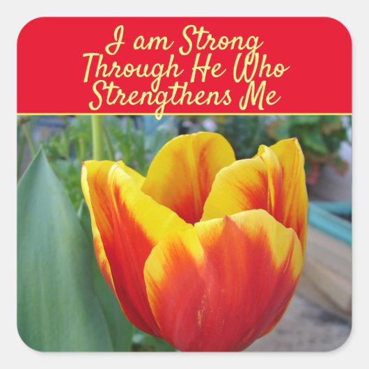 Floral Red Yellow Tulip God Quote I Am Strong スクエアシール (正面)
